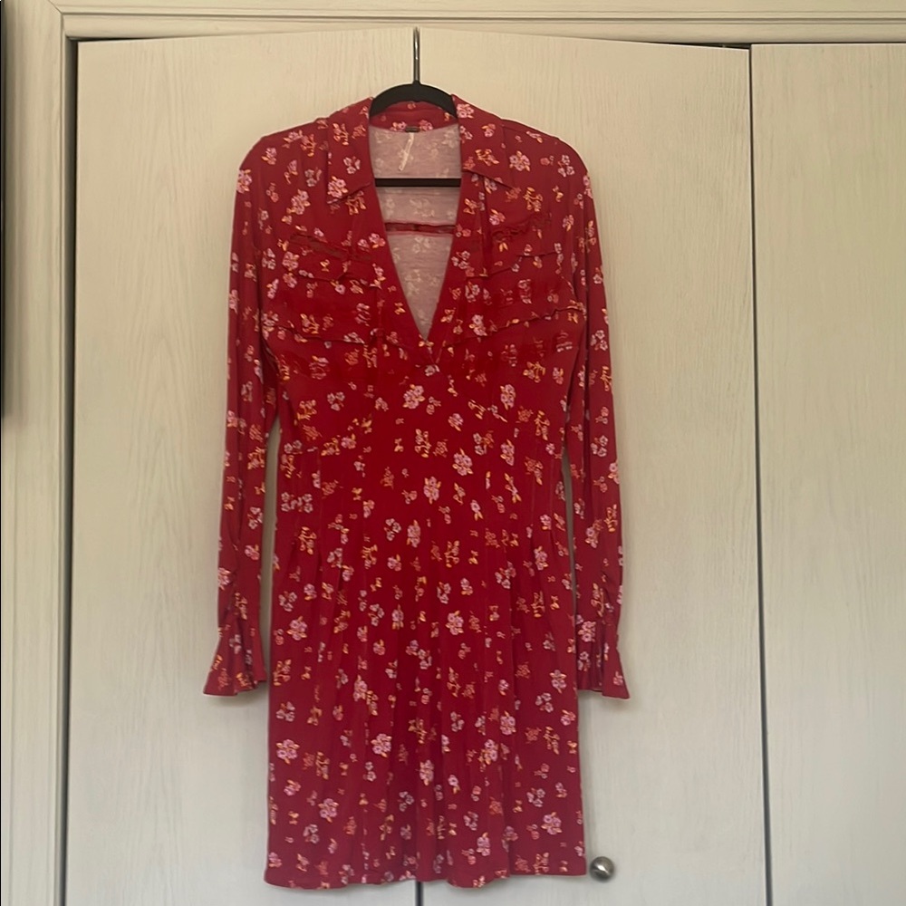Free People Women's Red Good Days‎ Long Sleeve Minidress Sz Lg